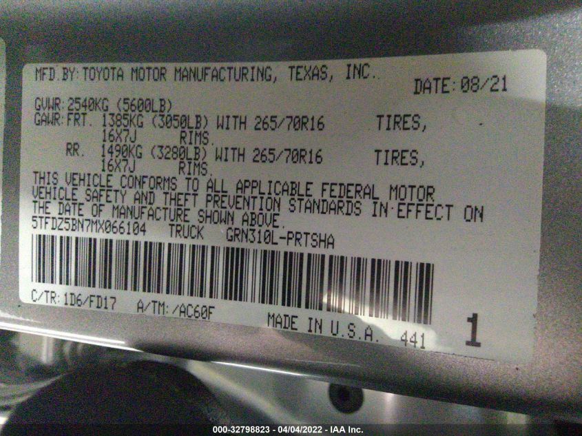 2021 TOYOTA TACOMA 4WD SR5/TRD SPORT 5TFDZ5BN7MX066104