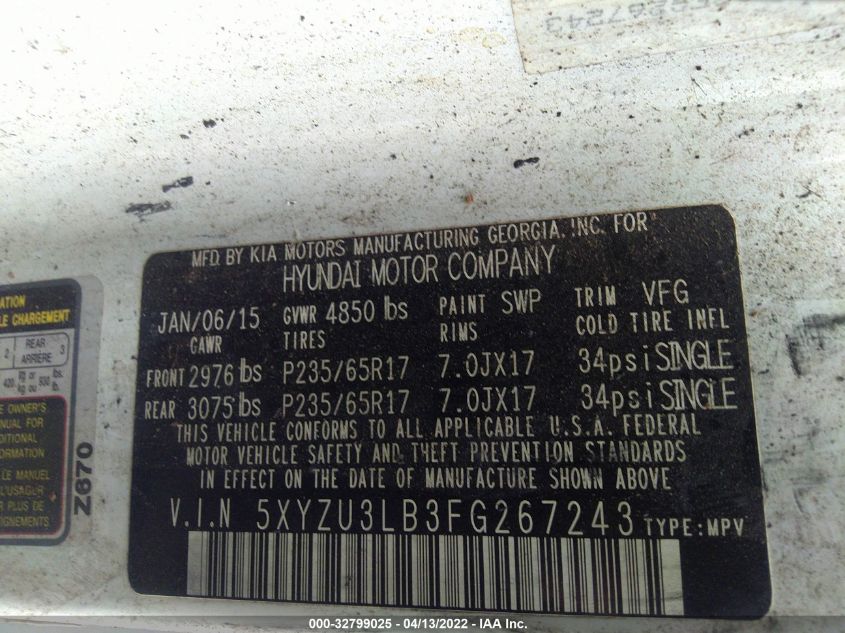 2015 HYUNDAI SANTA FE SPORT 5XYZU3LB3FG267243