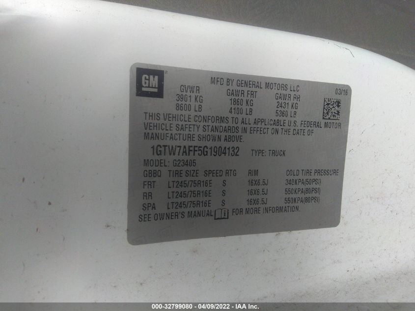 2016 GMC SAVANA CARGO VAN G2500 1GTW7AFF5G1904132