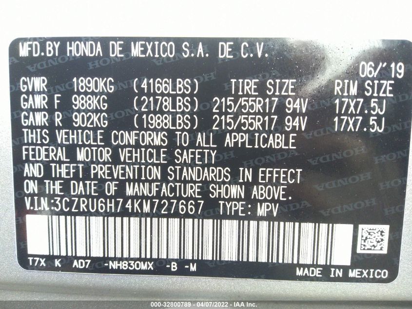 2019 HONDA HR-V EX-L 3CZRU6H74KM727667