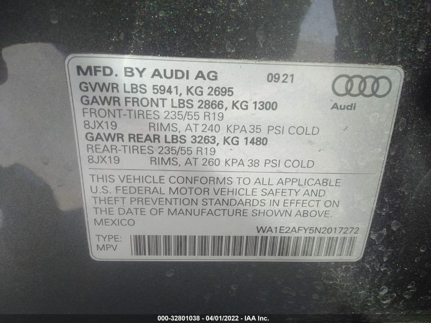 2022 AUDI Q5 S LINE PREMIUM PLUS WA1E2AFY5N2017272