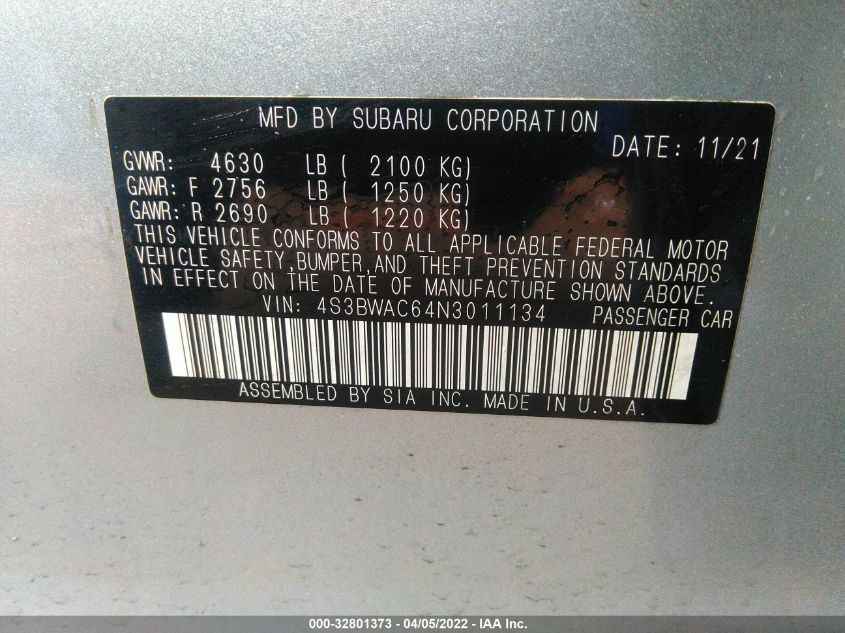 2022 SUBARU LEGACY PREMIUM 4S3BWAC64N3011134