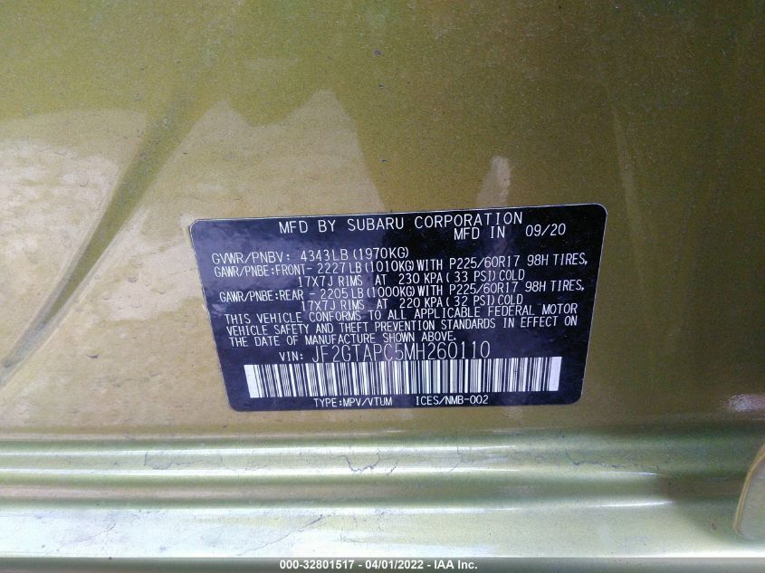 2021 SUBARU CROSSTREK PREMIUM JF2GTAPC5MH260110