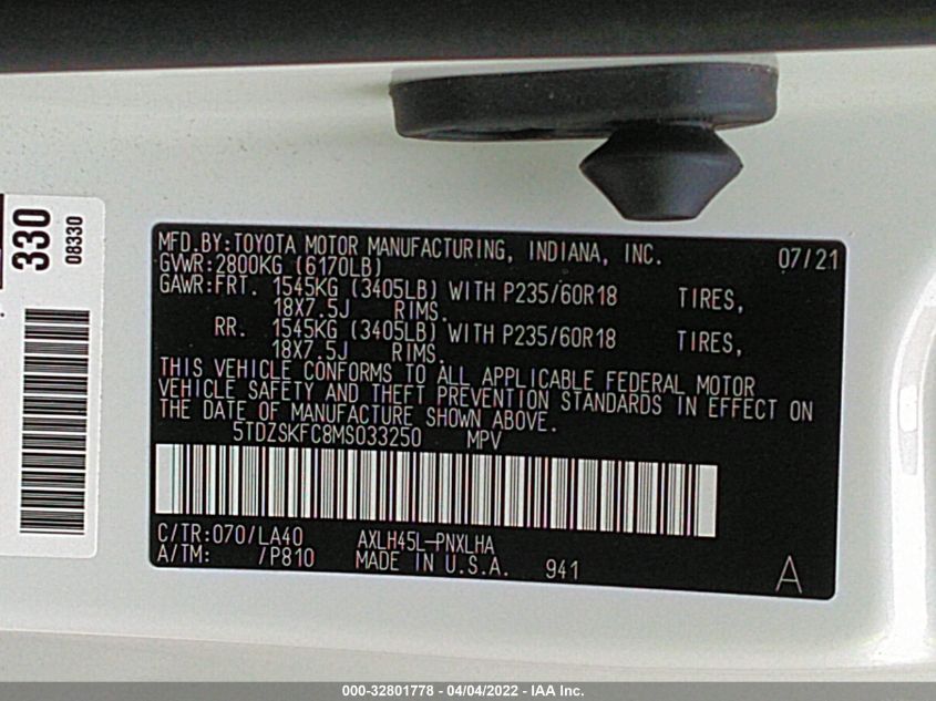 2021 TOYOTA SIENNA LIMITED/PLATINUM 5TDZSKFC8MS033250