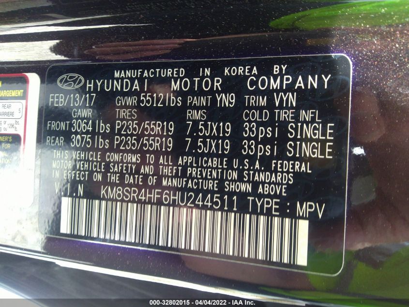 2017 HYUNDAI SANTA FE SE ULTIMATE KM8SR4HF6HU244511