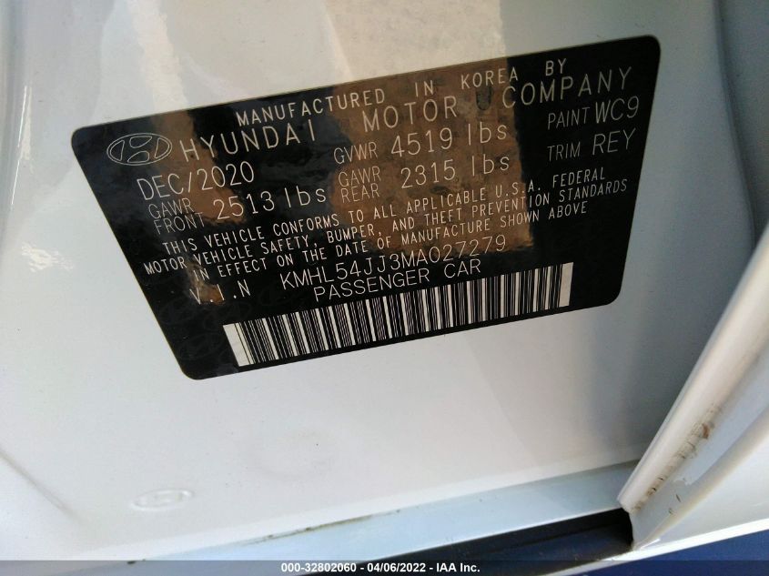 2021 HYUNDAI SONATA HYBRID LIMITED KMHL54JJ3MA027279