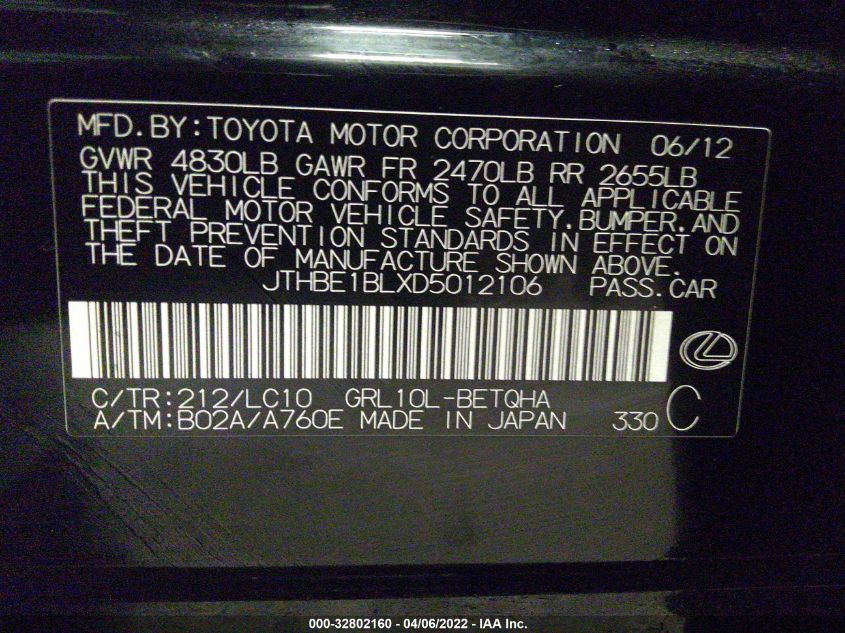 2013 LEXUS GS 350 - JTHBE1BLXD5012106