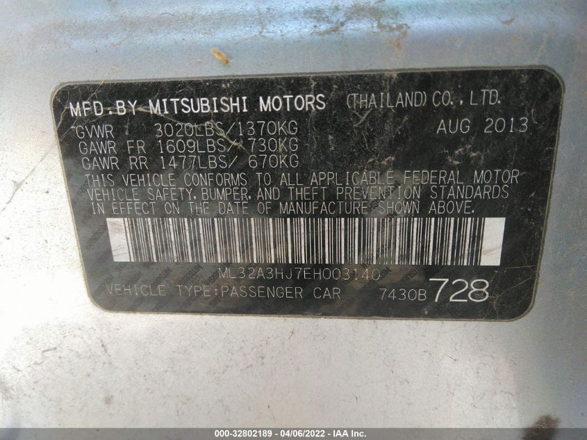 2014 MITSUBISHI MIRAGE DE ML32A3HJ7EH003140