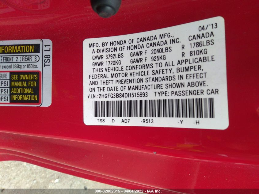 2013 HONDA CIVIC CPE EX 2HGFG3B84DH515693