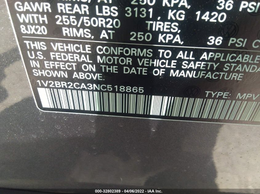 2022 VOLKSWAGEN ATLAS 3.6L V6 SEL 1V2BR2CA3NC518865