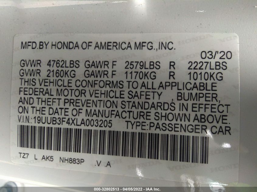 2020 ACURA TLX W/TECHNOLOGY PKG 19UUB3F4XLA003205