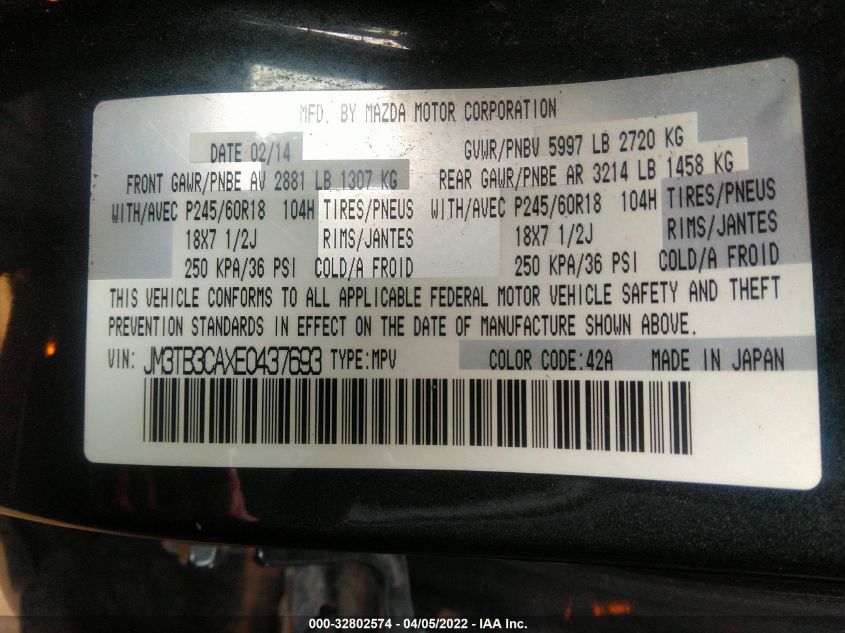 2014 MAZDA CX-9 TOURING JM3TB3CAXE0437693