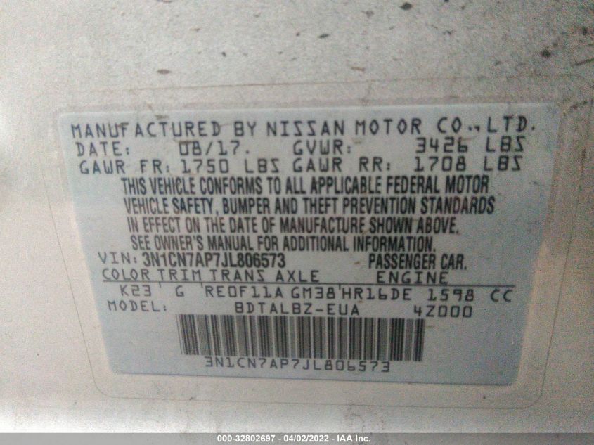 2018 NISSAN VERSA SEDAN S/S PLUS/SV/SL 3N1CN7AP7JL806573