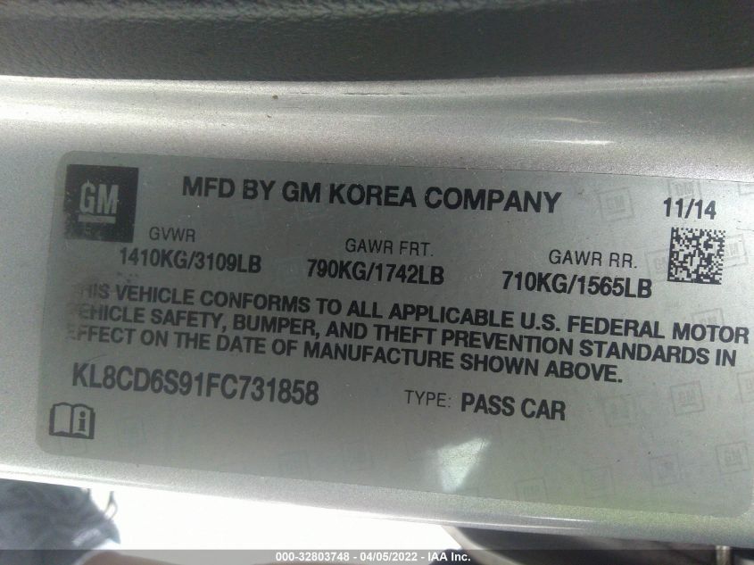 2015 CHEVROLET SPARK LT KL8CD6S91FC731858