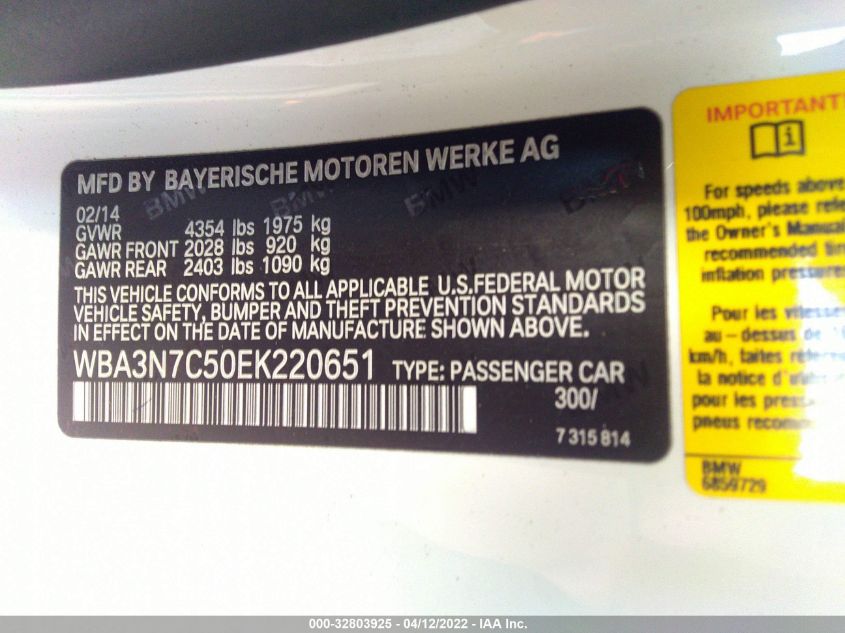 2014 BMW 4 SERIES 428I WBA3N7C50EK220651