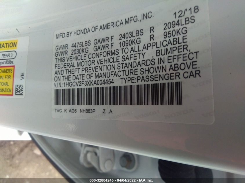 2019 HONDA ACCORD SEDAN SPORT 2.0T 1HGCV2F3XKA004454