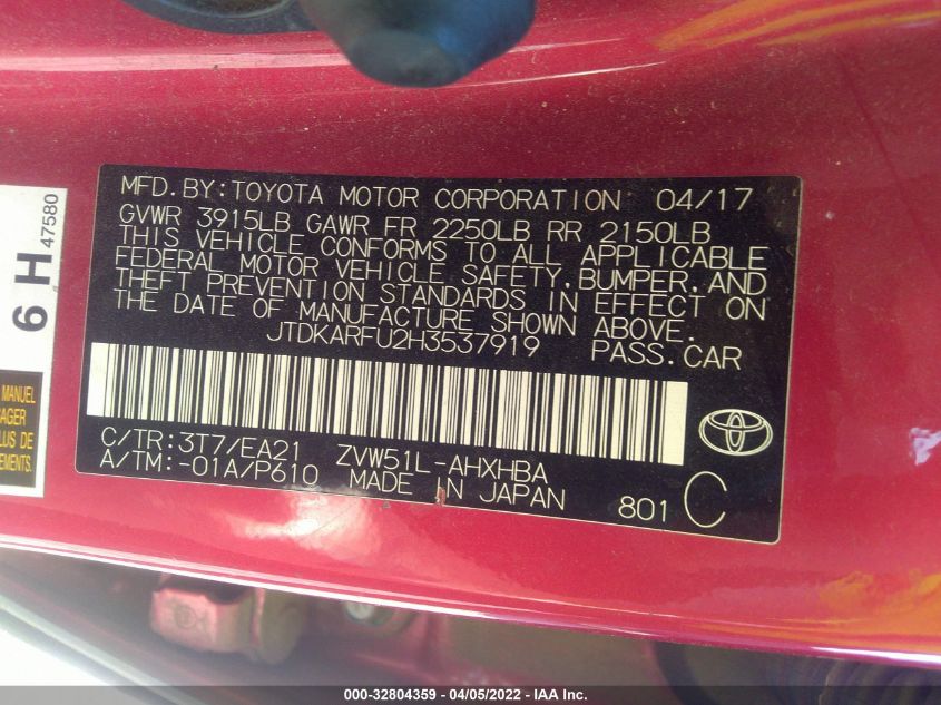2017 TOYOTA PRIUS JTDKARFU2H3537919
