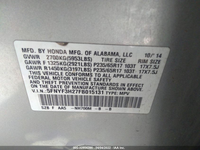 2015 HONDA PILOT LX 5FNYF3H27FB015131
