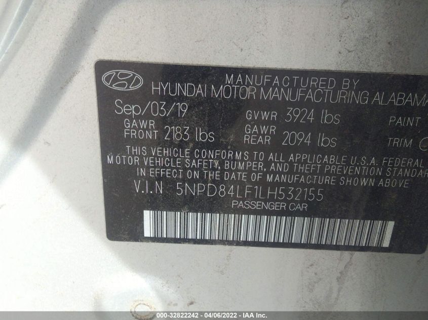 2020 HYUNDAI ELANTRA SEL 5NPD84LF1LH532155