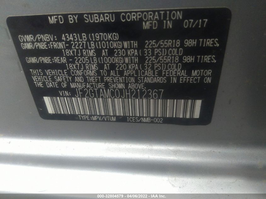 2018 SUBARU CROSSTREK LIMITED JF2GTAMC0JH212367