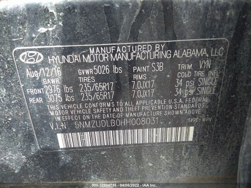 2017 HYUNDAI SANTA FE SPORT 2.4L 5NMZUDLB0HH008031