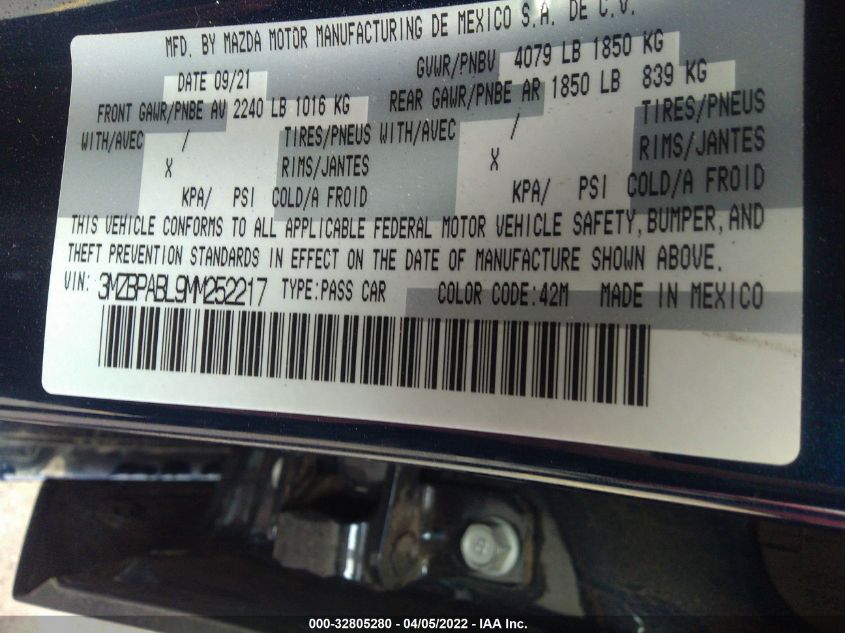 2021 MAZDA MAZDA3 SEDAN SELECT 3MZBPABL9MM252217