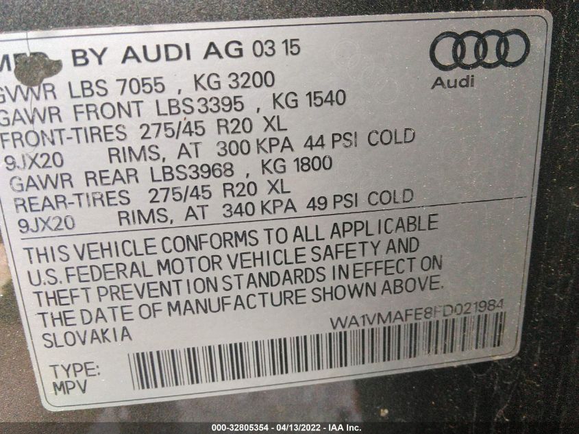 2015 AUDI Q7 3.0L TDI PRESTIGE WA1VMAFE8FD021984