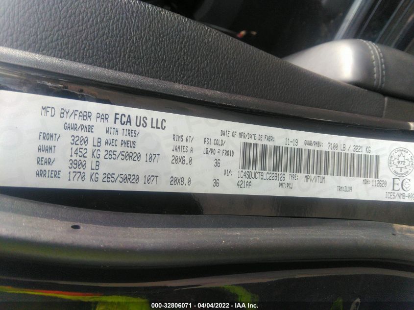2020 DODGE DURANGO R/T 1C4SDJCT9LC229126