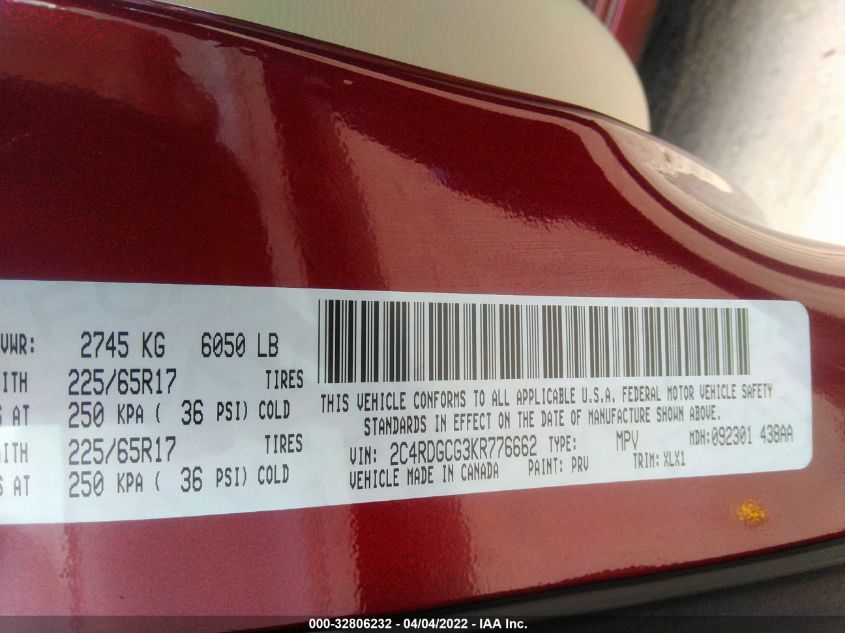 2019 DODGE GRAND CARAVAN SXT 2C4RDGCG3KR776662