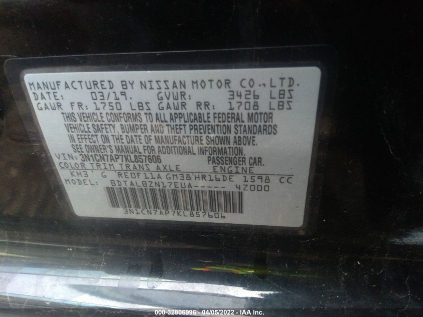 2019 NISSAN VERSA SEDAN SV 3N1CN7AP7KL857606