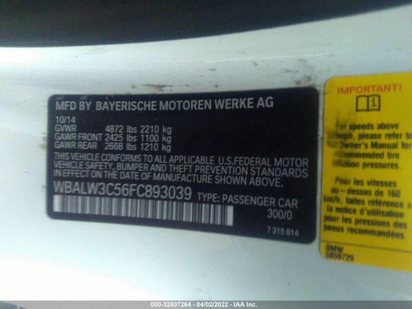 2015 BMW 6 SERIES 640I WBALW3C56FC893039