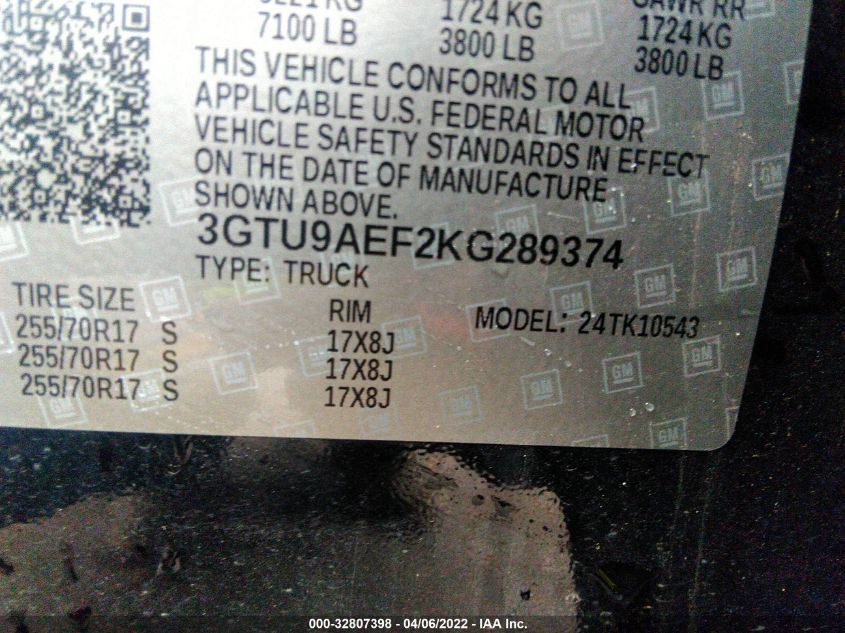 2019 GMC SIERRA 1500 3GTU9AEF2KG289374