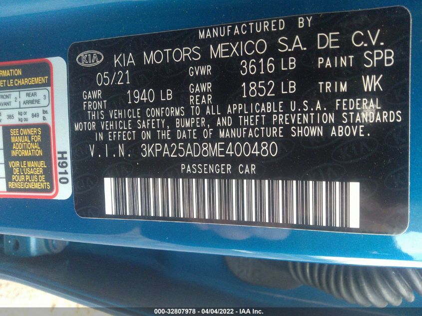 2021 KIA RIO 5-DOOR S 3KPA25AD8ME400480