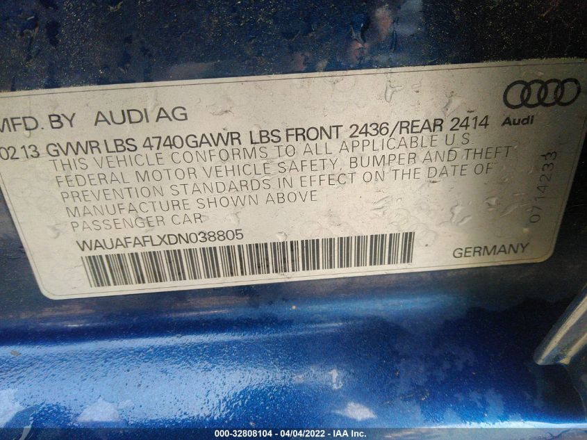 2013 AUDI A4 PREMIUM WAUAFAFLXDN038805