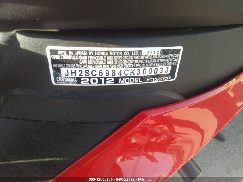 2012 HONDA CBR1000 RR-ABS JH2SC5984CK300033