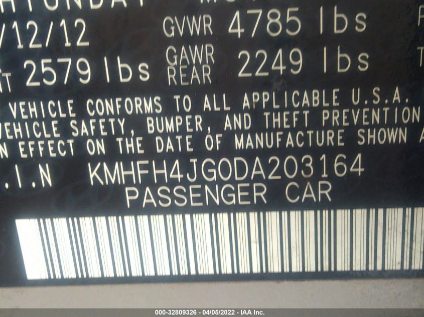 2013 HYUNDAI AZERA GLS/LIMITED KMHFH4JG0DA203164