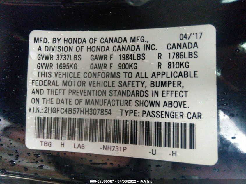 2017 HONDA CIVIC COUPE LX 2HGFC4B57HH307854