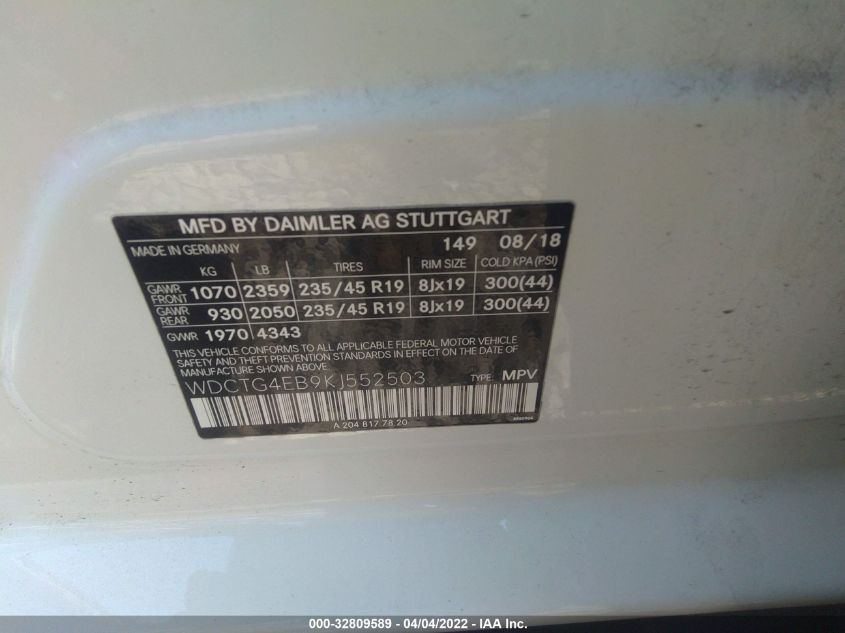 2019 MERCEDES-BENZ GLA GLA 250 WDCTG4EB9KJ552503