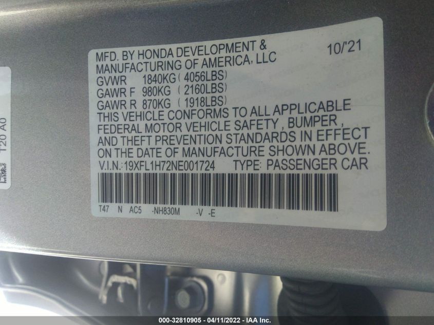 2022 HONDA CIVIC HATCHBACK EX-L 19XFL1H72NE001724