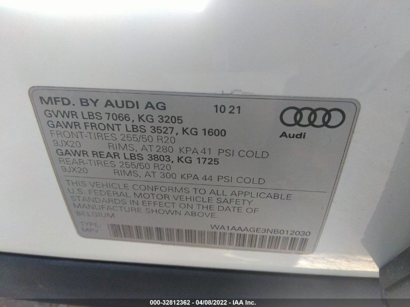 2022 AUDI E-TRON PREMIUM WA1AAAGE3NB012030