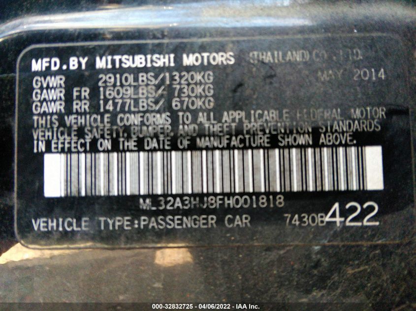 2015 MITSUBISHI MIRAGE DE/RF ML32A3HJ8FH001818