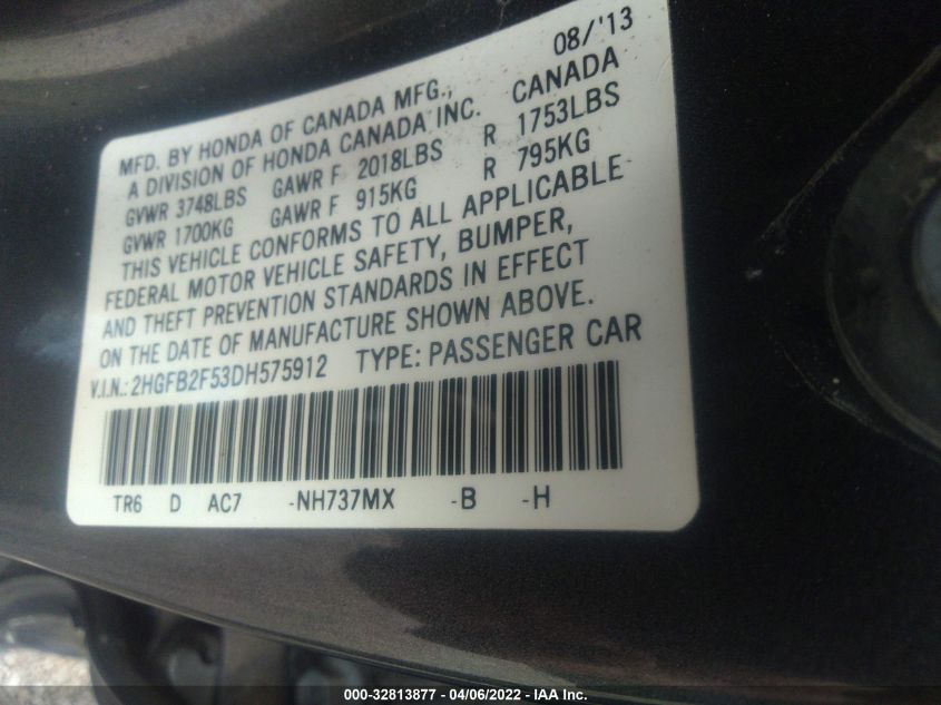 2013 HONDA CIVIC SDN LX 2HGFB2F53DH575912