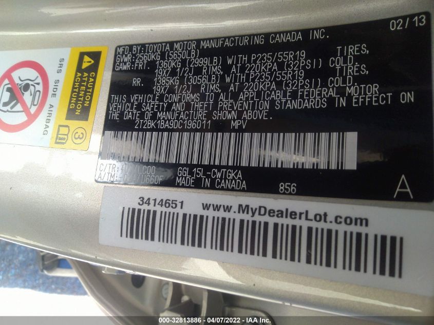2013 LEXUS RX 350 2T2BK1BA9DC196011