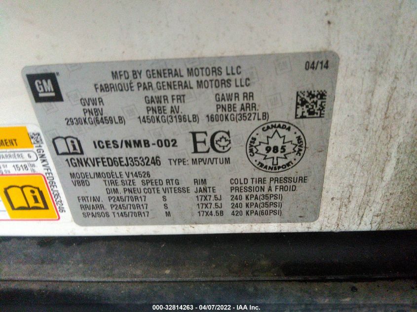 2014 CHEVROLET TRAVERSE LS 1GNKVFED6EJ353246