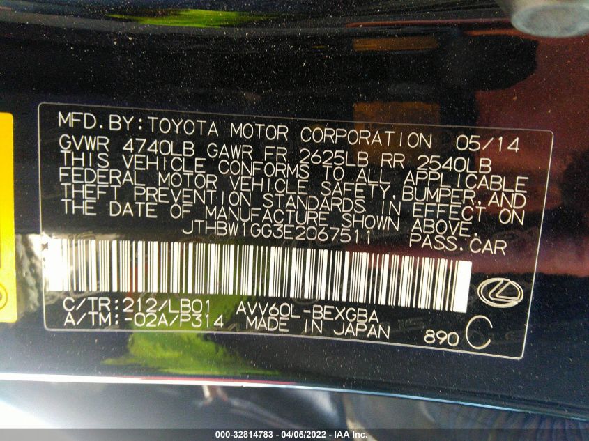 2014 LEXUS ES 300H HYBRID JTHBW1GG3E2067511