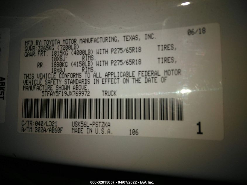 2018 TOYOTA TUNDRA 4WD CREWMAX 1794/PLATINUM 5TFAY5F19JX769972