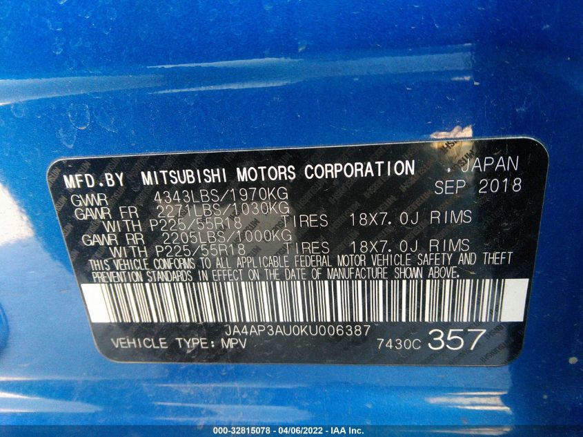 2019 MITSUBISHI OUTLANDER SPORT 2.0 JA4AP3AU0KU006387