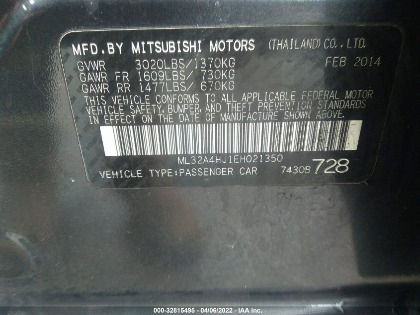 2014 MITSUBISHI MIRAGE ES ML32A4HJ1EH021350