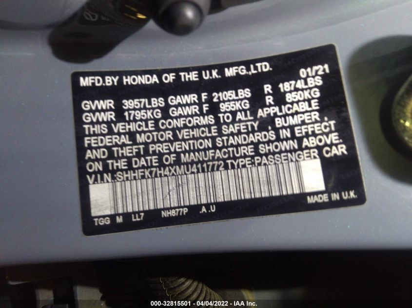 2021 HONDA CIVIC HATCHBACK SPORT SHHFK7H4XMU411772