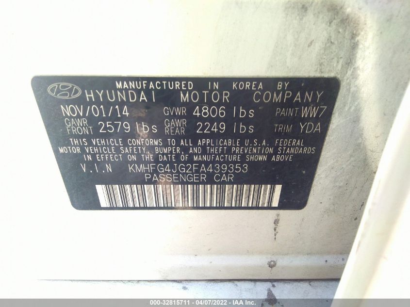 2015 HYUNDAI AZERA KMHFG4JG2FA439353